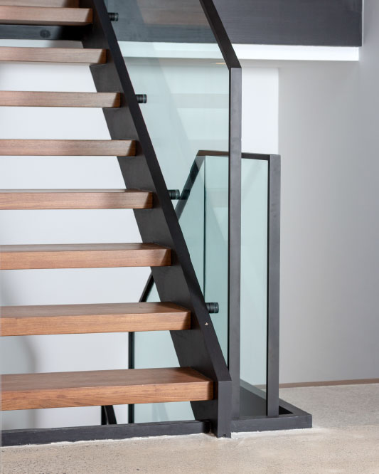 glass top mounted rectangular blacken solid steel handrails